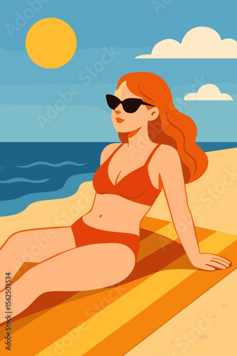 Redhead woman in a bikini sunbathing on a beach towel. Summer vacation concept with a girl relaxing by the sea. Modern flat vector cartoon illustration for travel and leisure.