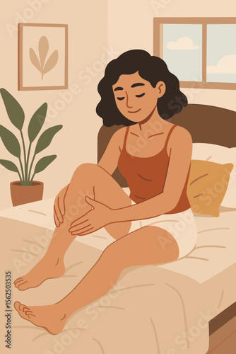 Woman massaging legs on bed. Self care routine, body positivity concept. Young female relaxing in cozy bedroom, applying cream for skin care or muscle pain relief. Flat vector illustration.