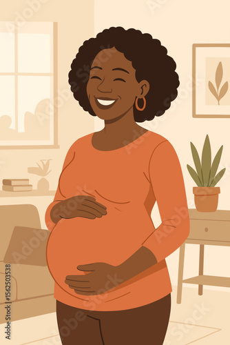 Happy pregnant black woman gently holding her belly. Joyful expectant African American mother at home. Concept of maternity, motherhood, new life, and prenatal care. Vector.