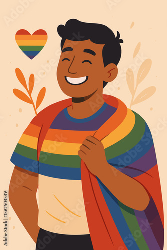 LGBTQ Pride Illustration. Confident person with rainbow flag and heart. Diversity, equality, acceptance, love, support, empowerment. Modern flat cartoon. Gay pride celebration, LGBT rights concept