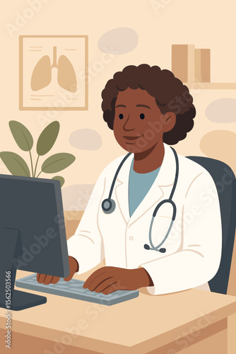 Black female doctor working on computer in a medical clinic office. African American physician or pulmonologist at a desk. Healthcare, medicine, telehealth, EHR concept. Vector cartoon.