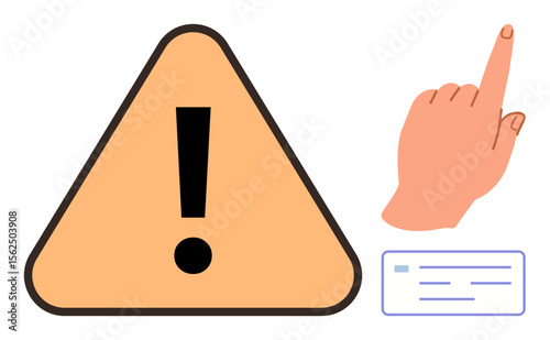 Exclamation mark in triangle paired with a pointing hand and notification card. Ideal for caution, notification, reminder, safety, alert, guidance, attention, and communication themes in a simple