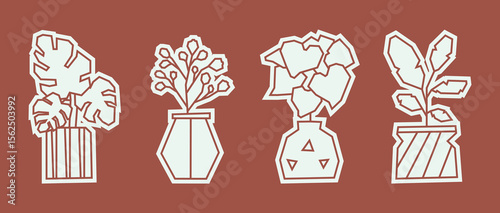 Set of Four Potted Plants in White Filled Icon Style of Monstera, Flowering Plant, Bushy Leaves, and Leafy Pot