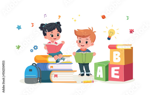 happy kids reading books and studying together cartoon vector illustration