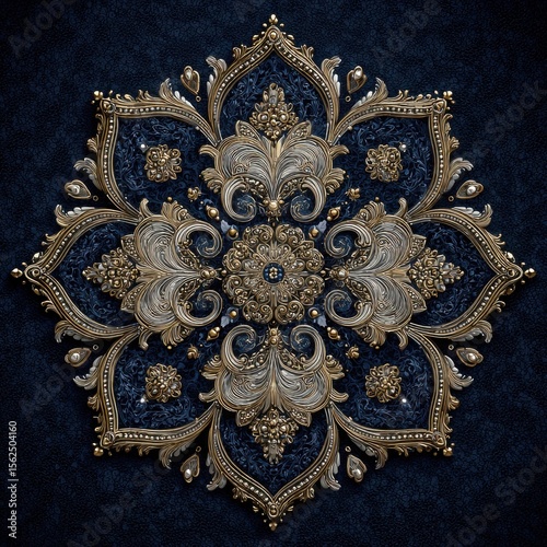 Ornate Floral Pattern: Elegant Blue and Gold Geometric Vintage Decor Artistry