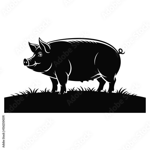 Black silhouette of a pig standing in grass on a white background