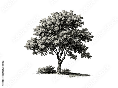 Hand-drawn vintage Ironwood Tree engraving, botanical art, rustic tree decor, ironwood bark detail, eco-friendly nature drawing, retro woodland sketch, black and white sketch, vintage style