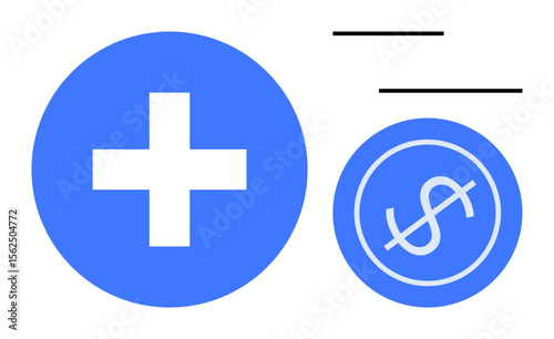 Blue cross icon alongside dollar symbol inside a circle, representing the intersection of healthcare and finance. Ideal for healthcare cost, insurance, savings, investment, policies, budgeting