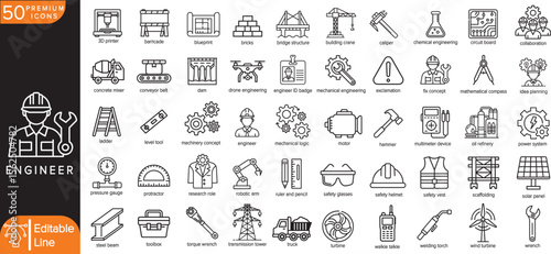 50 Vector Icons of Engineering – Clean Line Icons of Tools, Symbols, Machines, Diagrams, Civil, Electrical, Mechanical & Software Engineering Elements for UI, Infographics, and Stock Vector Use