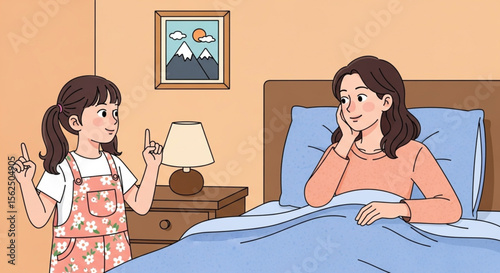 Girl signing to her mother in bed at home, cartoon illustration about inclusion and care


