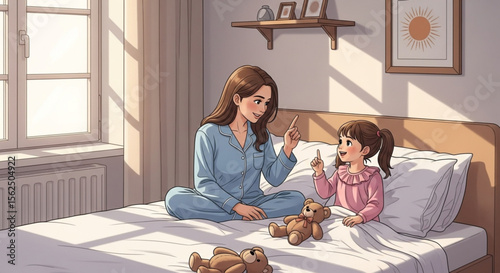 Flat Design Illustration of Girl with Cochlear Implant Reading Sign Language Story with Mother
