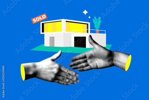 Handshake in front of a modern house. Buying real estate. Halftone hands reach out to each other. House sold. Closing the deal. Loan, mortgage approval. Modern collage