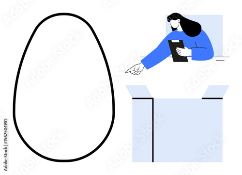 Woman holding a clipboard pointing outward alongside an abstract egg shape and open cardboard box. Ideal for creativity, problem-solving, brainstorming, innovation, organization, design concepts