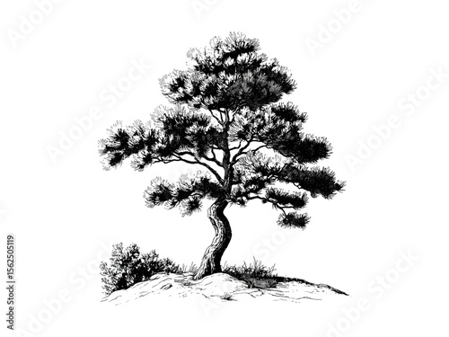 Hand-drawn vintage engraving of Japanese Pine Tree, botanical illustration, pine needles, retro sketch, eco-friendly woodland art, vintage decor, black sketch, old engraving style, nature tre