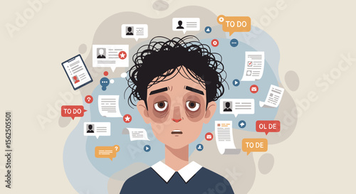 Overwhelmed person with many tasks and notifications, symbolizing stress and information overload in a modern flat design.