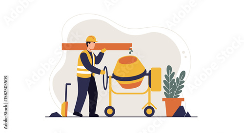 An illustrative flat design depicts a construction worker carrying a wooden beam near a cement mixer, showcasing building and industry concepts in a modern, clean style.