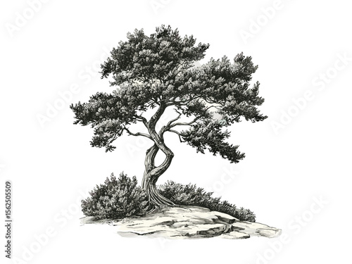 Hand-drawn vintage botanical illustration, engraving of juniper tree leaves, juniper foliage, evergreen tree, rustic tree art, black sketch, eco-friendly print, nature wall decor