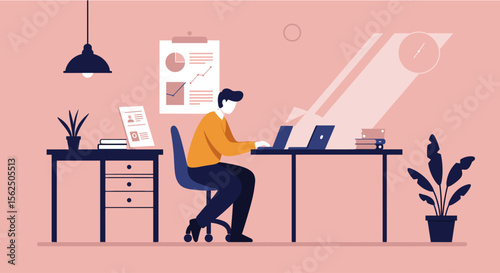 a person sitting at a desk working on a laptop, with a plant to the side and a clock on the wall, all Suitable for landing page, banner, marketing, web design, presentation, infographic, etc.