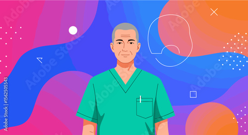 a man wearing a green medical scrubs top. Suitable for landing page, banner, marketing, web design, presentation, infographic, etc.