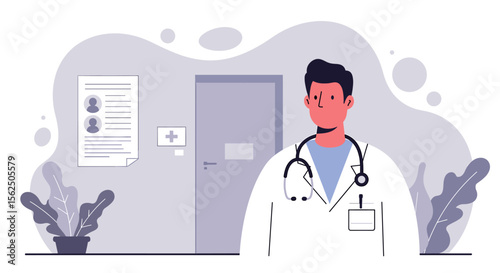 A flat design illustration depicts a doctor in a medical office setting, showcasing healthcare, medicine, and professional medical services for presentations and marketing materials.
