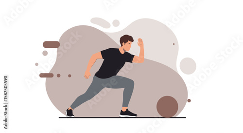 Dynamic illustration of a young man in sportswear, ready to start exercising, set against a stylish abstract background ideal for fitness websites, marketing materials, and presentations.