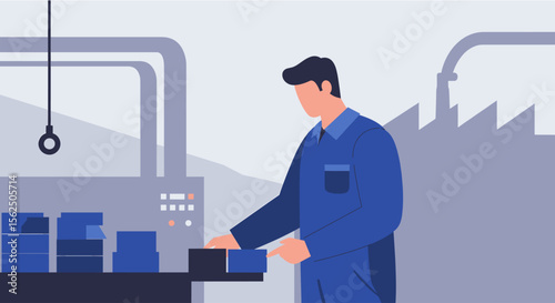 a man in a blue jumpsuit working at a machine with blue boxes on a table in front of him. Suitable for landing page, banner, marketing, web design, presentation, infographic, etc.