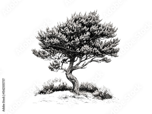Rustic botanical illustration, engraving of juniper leaves, evergreen tree art, hand-drawn vintage foliage, black sketch style, nature-inspired print, trendy eco-friendly wall decor