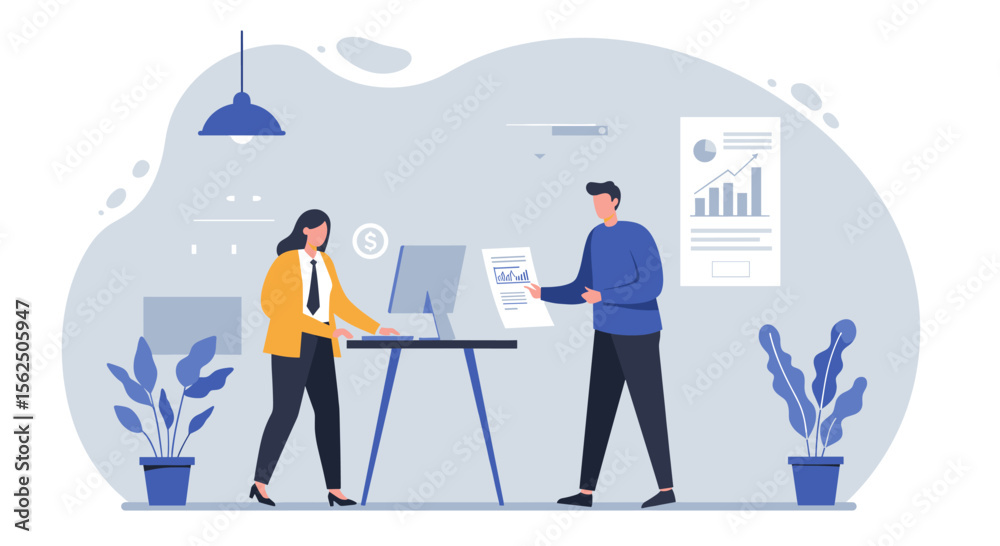 Obraz premium Two business professionals collaborate on a project, reviewing data and discussing strategy in a modern, minimalist office environment, suitable for a landing page.