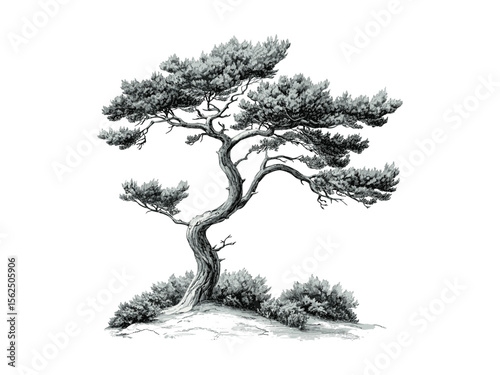 Engraving of juniper tree leaves, vintage botanical sketch, hand-drawn evergreen foliage, rustic tree art, eco-friendly nature design, black ink illustration, natural decor print