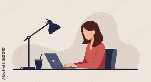A woman is sitting at a desk, working on a laptop with a lamp providing light to her workspace. Suitable for landing page, banner, marketing, web design, presentation, infographic, etc.