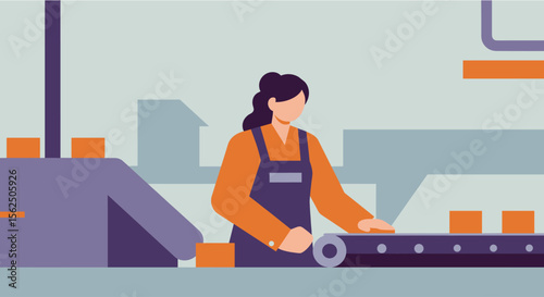 a woman in an orange shirt and blue apron operating a conveyor belt with orange boxes in a factory setting. Suitable for landing page, banner, marketing, web design, presentation, infographic, etc.
