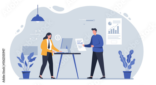 Two business professionals collaborate on a project, reviewing data and discussing strategy in a modern, minimalist office environment, suitable for a landing page.