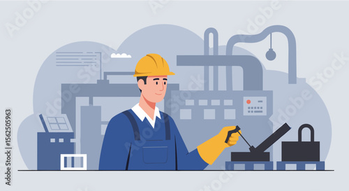 a construction worker wearing a hard hat and safety gear, operating a piece of machinery in a factory setting. Suitable for landing page, banner, marketing, web design, presentation, infographic, etc.