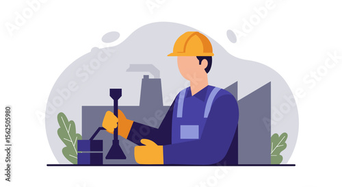 Industrial worker in flat design style, engaged in manual labor with tools, set against a factory background for business presentations.