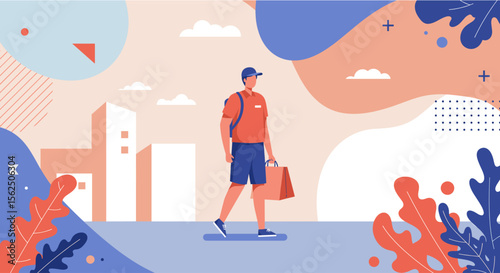Modern flat design illustration of a delivery person walking with a shopping bag in a stylized urban landscape, perfect for web banners.