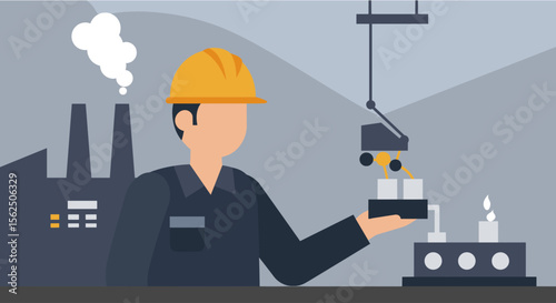 Flat design illustration of a factory worker presenting a product sample in a modern industrial setting, ideal for landing pages, banners, and marketing presentations.
