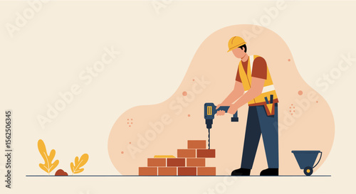 A flat design illustration depicts a male construction worker building a brick wall with a drill, suitable for web design and marketing materials.