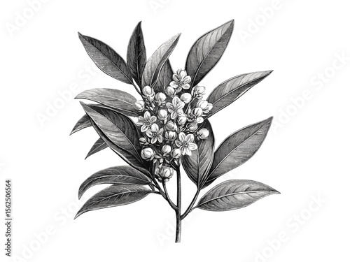 Vintage engraving of laurel tree flowers, hand-drawn botanical illustration, laurel blossoms, black sketch, retro floral print, eco-friendly nature decor, old engraving style, garden art