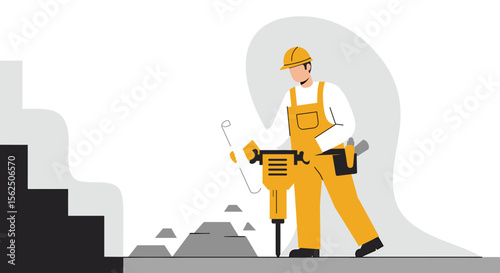 a construction worker in yellow overalls and a hard hat, using a jackhammer to break ground. Suitable for landing page, banner, marketing, web design, presentation, infographic, etc.