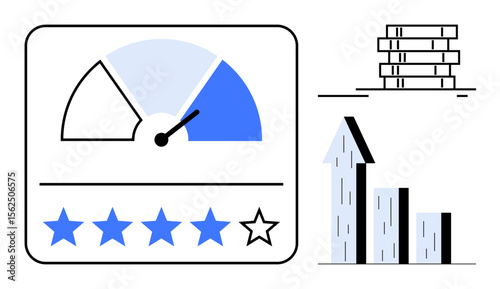 Performance gauge in a blue color scheme, five-star rating with one star unselected, growth bar chart, and stacked blocks. Ideal for performance evaluation, analytics, growth tracking, productivity