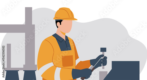 a construction worker wearing a hard hat and safety vest, operating a piece of machinery in a factory setting. Suitable for landing page, banner, marketing, web design, presentation, infographic, etc.