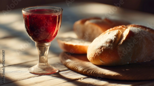 A close-up reveals a golden chalice filled with red wine beside sacred bread and wheat, symbolizing the profound sacrifice and new covenant of Christian Communion.