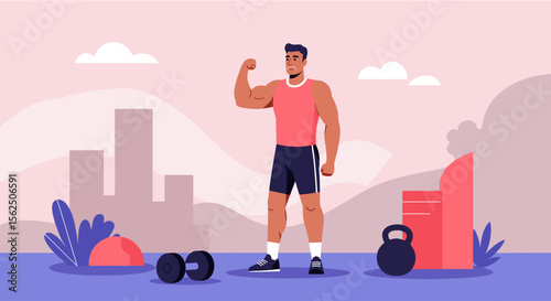A muscular man flexes his arm in a gym setting, surrounded by fitness equipment and a cityscape backdrop. Suitable for landing page, banner, marketing, web design, presentation, infographic, etc.