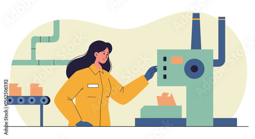 a woman in a yellow jumpsuit interacting with a machine, with a conveyor belt and pipes in the background. Suitable for landing page, banner, marketing, web design, presentation, infographic, etc.