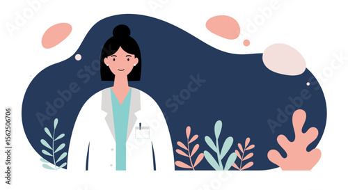 a woman in a white lab coat standing against a dark blue background with scattered pink and green shapes. Suitable for landing page, banner, marketing, web design, presentation, infographic, etc.