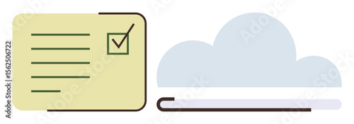 Checklist with marked task beside a cloud shape, representing data management, task tracking, and cloud storage. Ideal for productivity, organization, planning, digital workspace, minimalism task