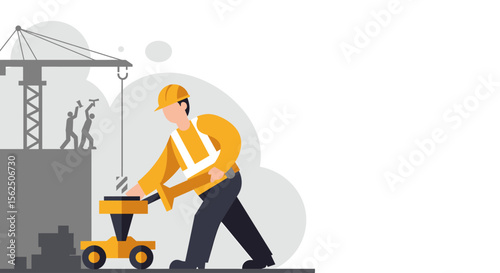 a construction worker in a yellow hard hat and safety vest, actively engaged in a task at a construction site. Suitable for landing page, banner, marketing, web design, presentation, infographic, etc.