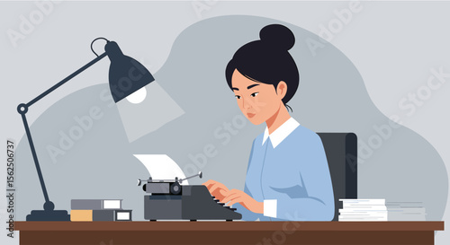 A woman is seated at a desk, typing on a typewriter with a lamp illuminating her workspace. Suitable for landing page, banner, marketing, web design, presentation, infographic, etc.