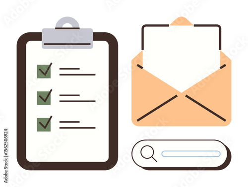 Clipboard with checklist, open envelope with paper, and search bar. Ideal for organization, task management, productivity, communication, office workflow, planning and goal setting in a simple flat