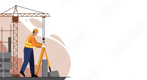 An illustration depicts a construction worker operating surveying equipment on a building site, with a crane in the background, symbolizing urban development.